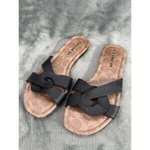 Coach Black Leather Cross Strap Slide Sandals Monogram Footbed Women’s Size 5.5